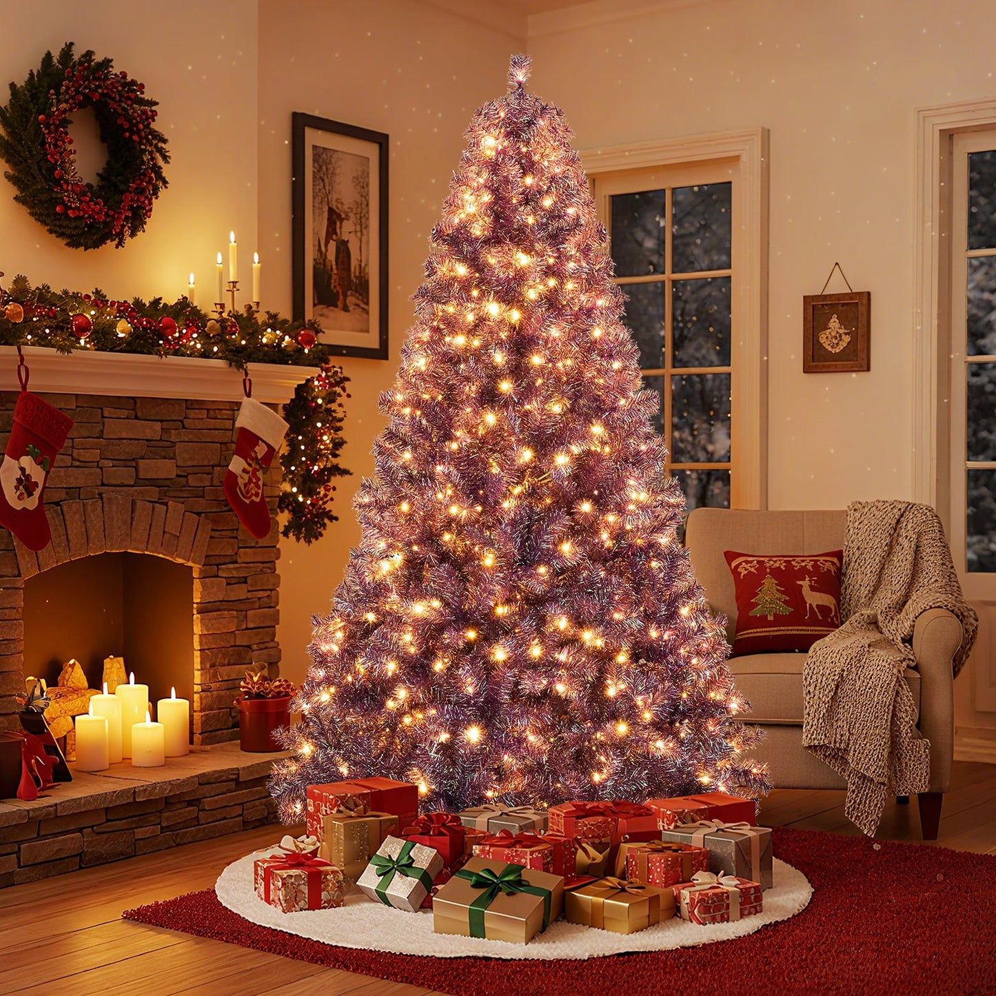 Pre-Lit Tinsel Christmas Tree Artificial Xmas Tree with Lush Branch Tips and Warm White LED Lights