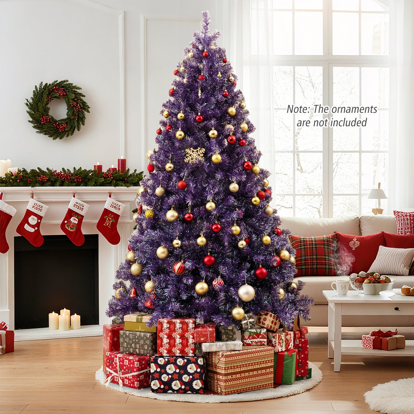 Pre-Lit Tinsel Christmas Tree Artificial Xmas Tree with Lush Branch Tips and Warm White LED Lights