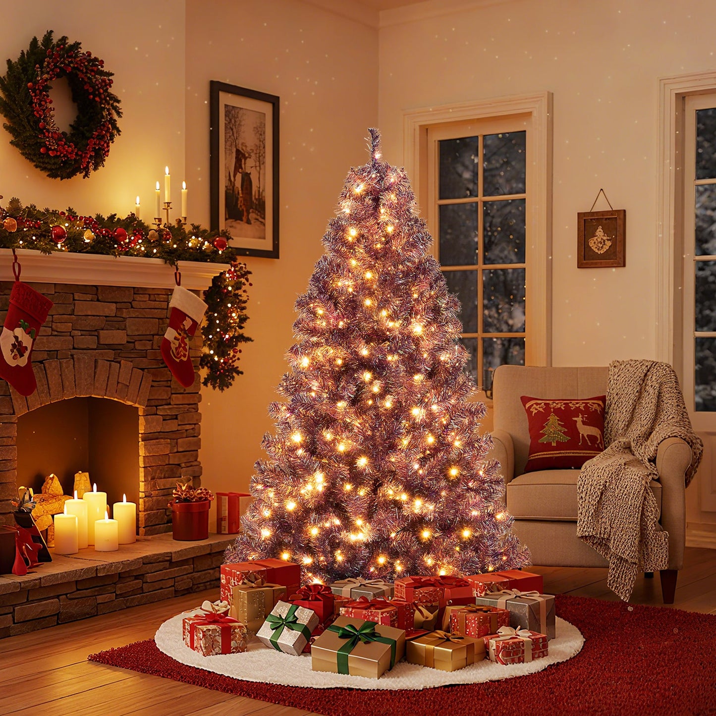 Pre-Lit Tinsel Christmas Tree Artificial Xmas Tree with Lush Branch Tips and Warm White LED Lights