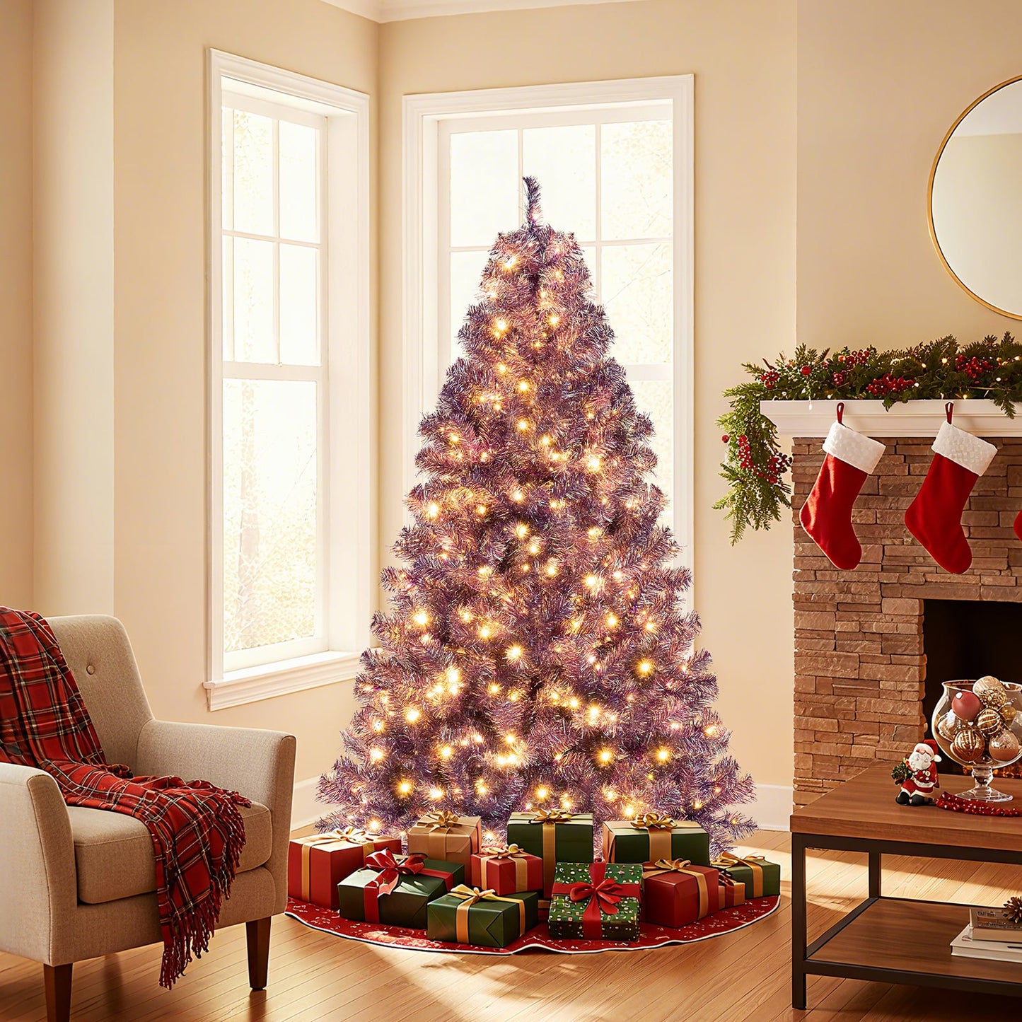 Pre-Lit Tinsel Christmas Tree Artificial Xmas Tree with Lush Branch Tips and Warm White LED Lights