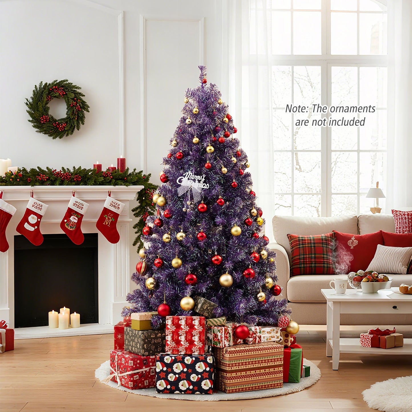 Pre-Lit Tinsel Christmas Tree Artificial Xmas Tree with Lush Branch Tips and Warm White LED Lights