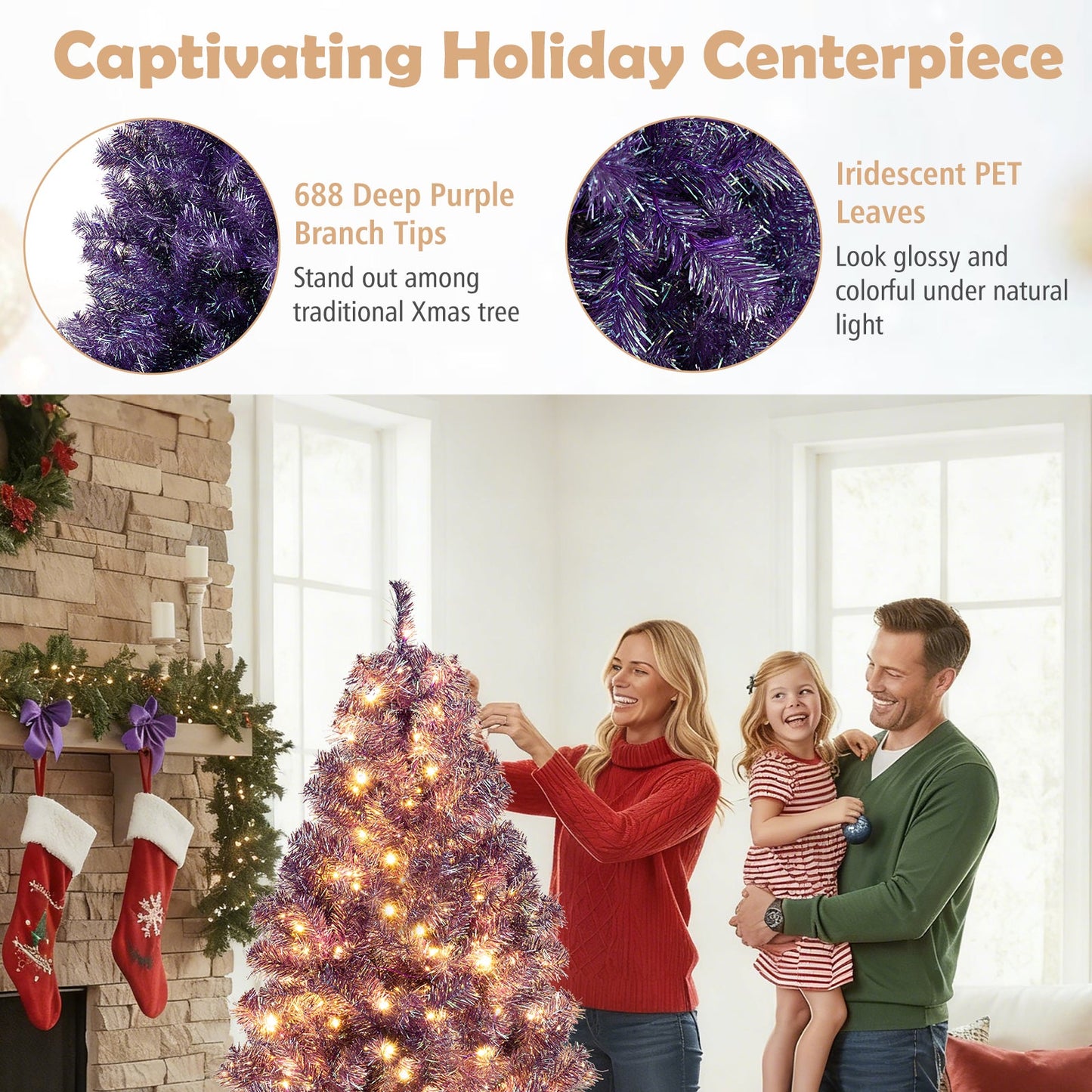 Pre-Lit Tinsel Christmas Tree Artificial Xmas Tree with Lush Branch Tips and Warm White LED Lights