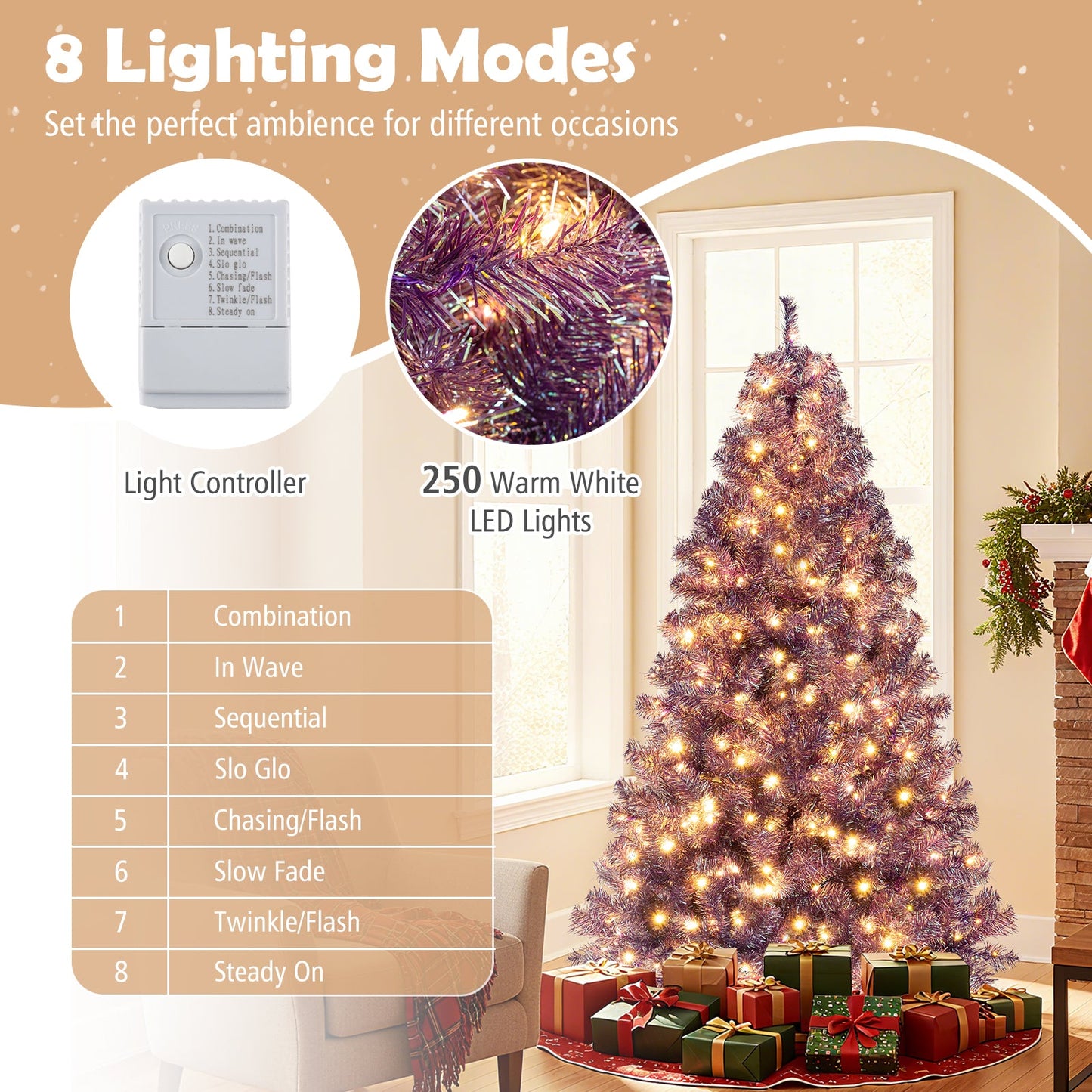 Pre-Lit Tinsel Christmas Tree Artificial Xmas Tree with Lush Branch Tips and Warm White LED Lights
