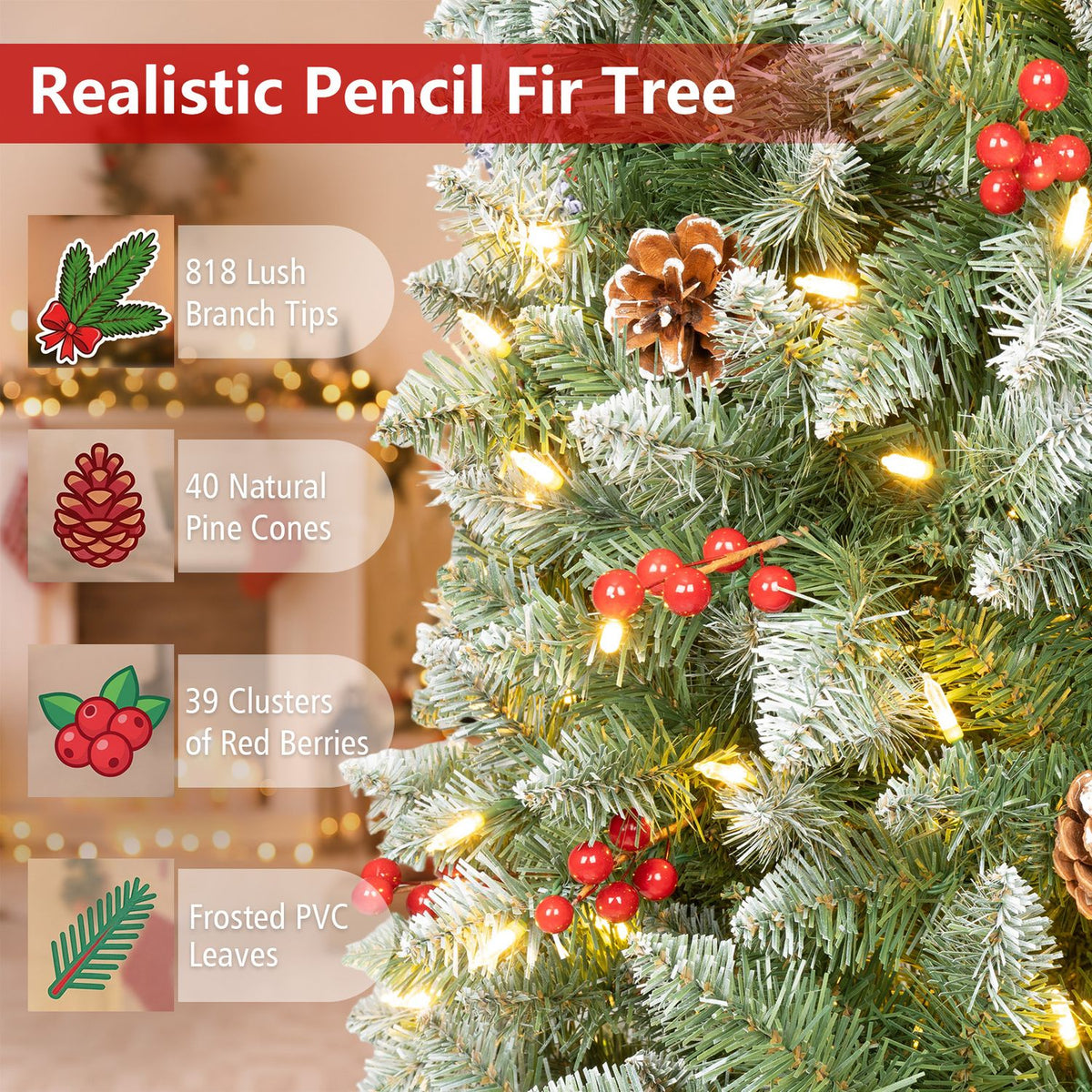 Pre-lit Artificial Pencil Christmas Tree with Pine Cones and Red Berries
