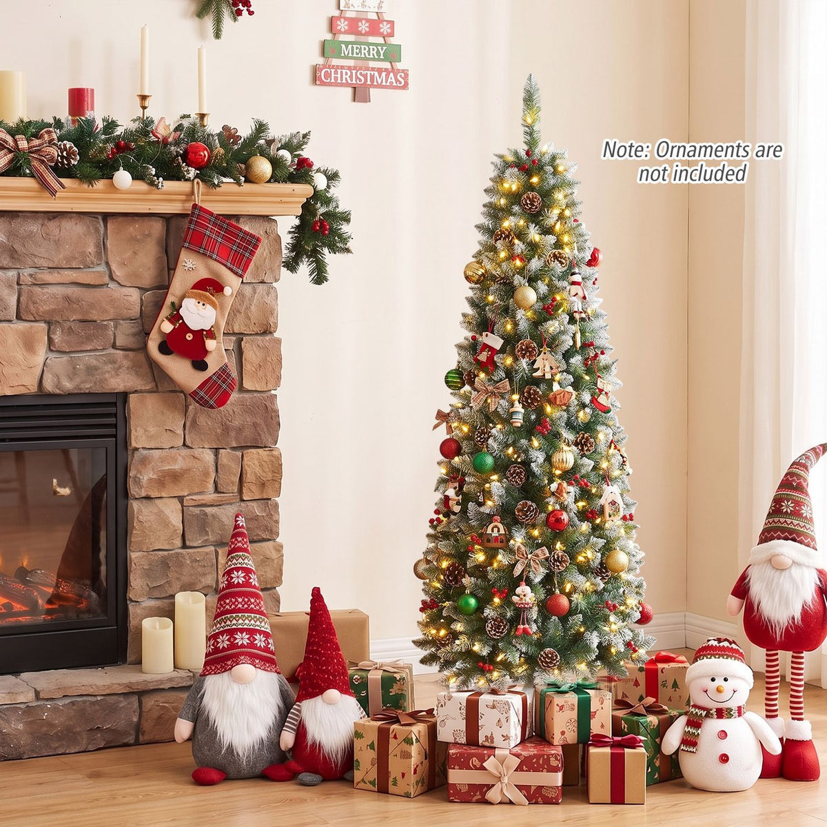 Pre-lit Artificial Pencil Christmas Tree with Pine Cones and Red Berries