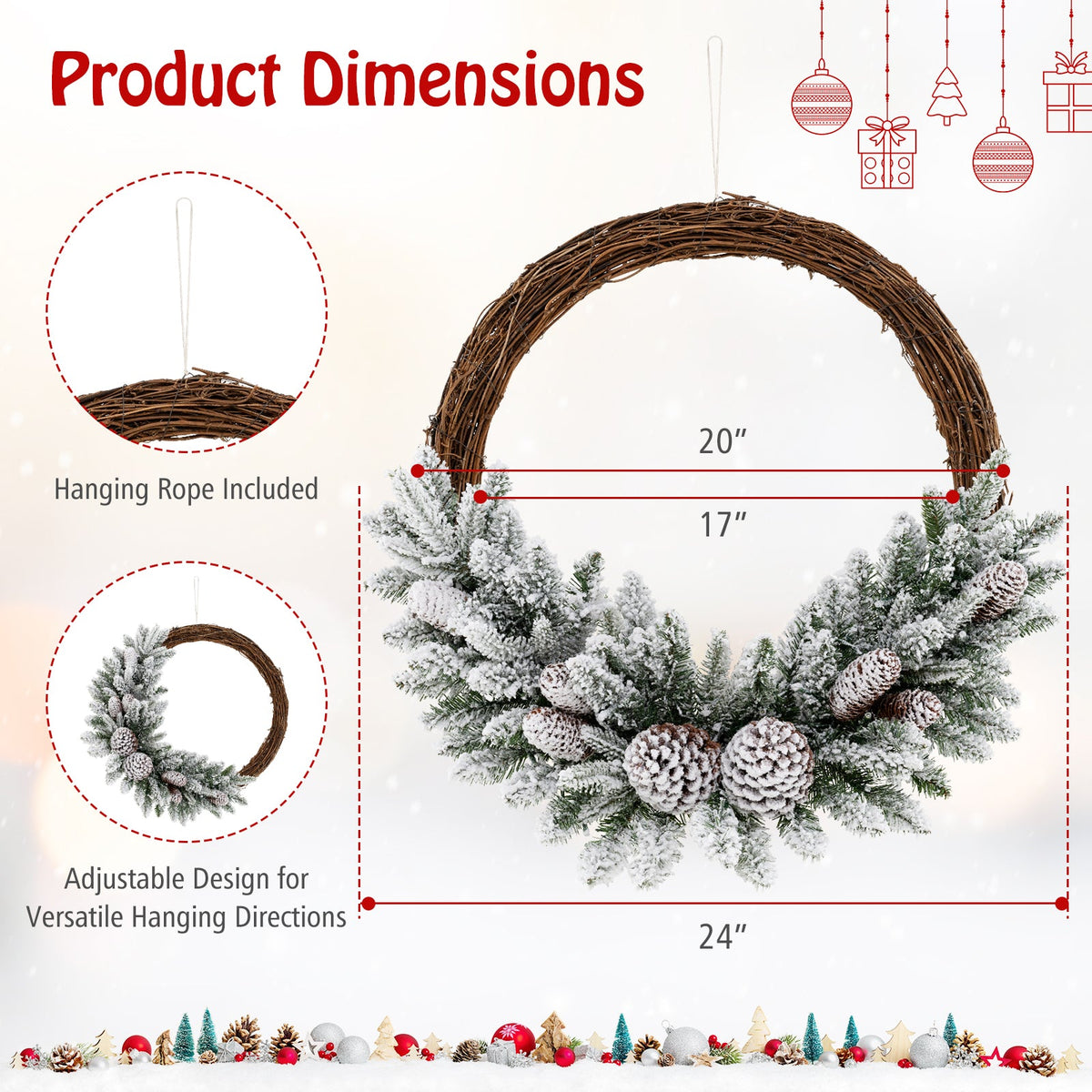 Pre-lit Snow Flocked Artificial Christmas Wreath with 8 Pine Cones and 35 LED Lights