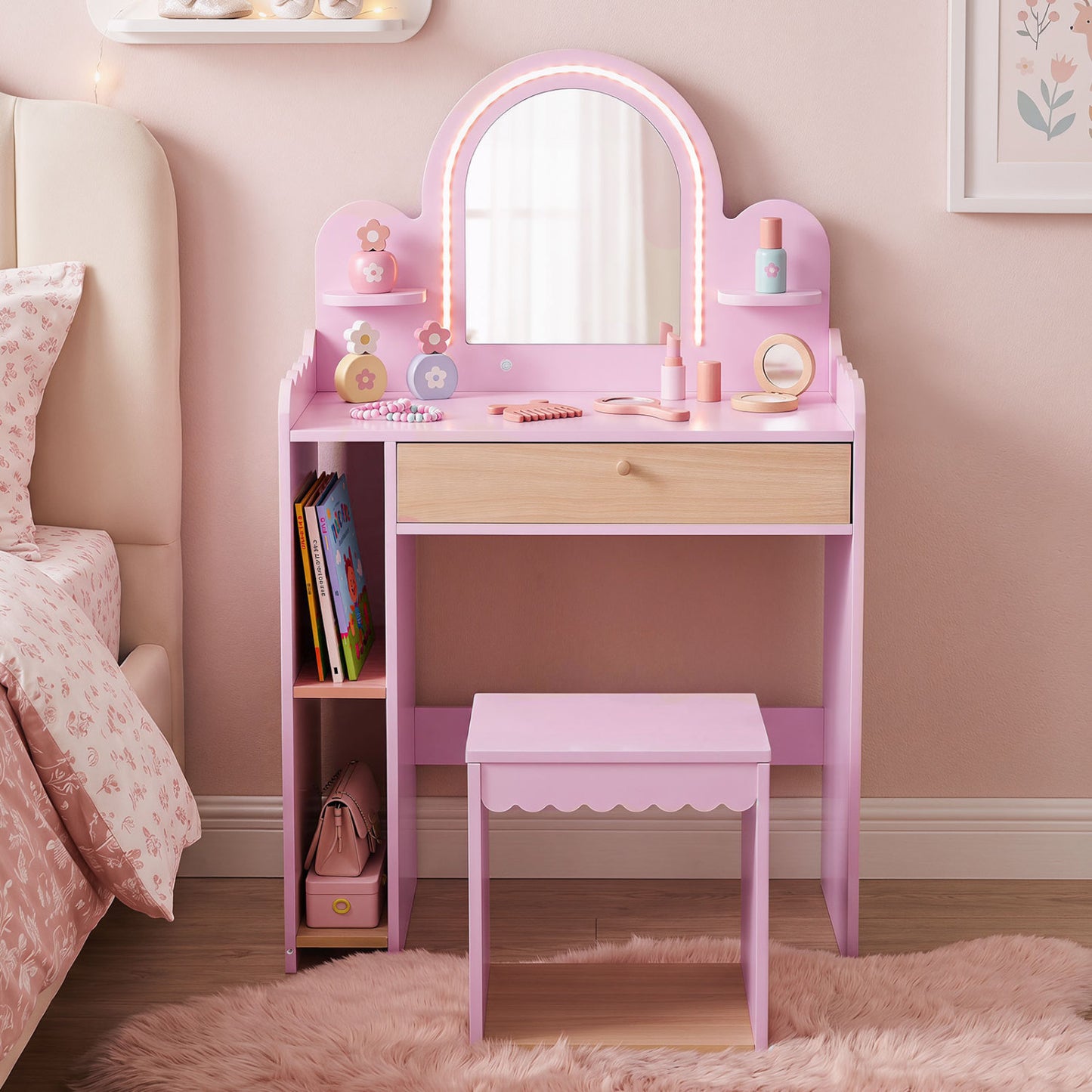 Kids Makeup Vanity Table Set with Stool and Mirror - Pink