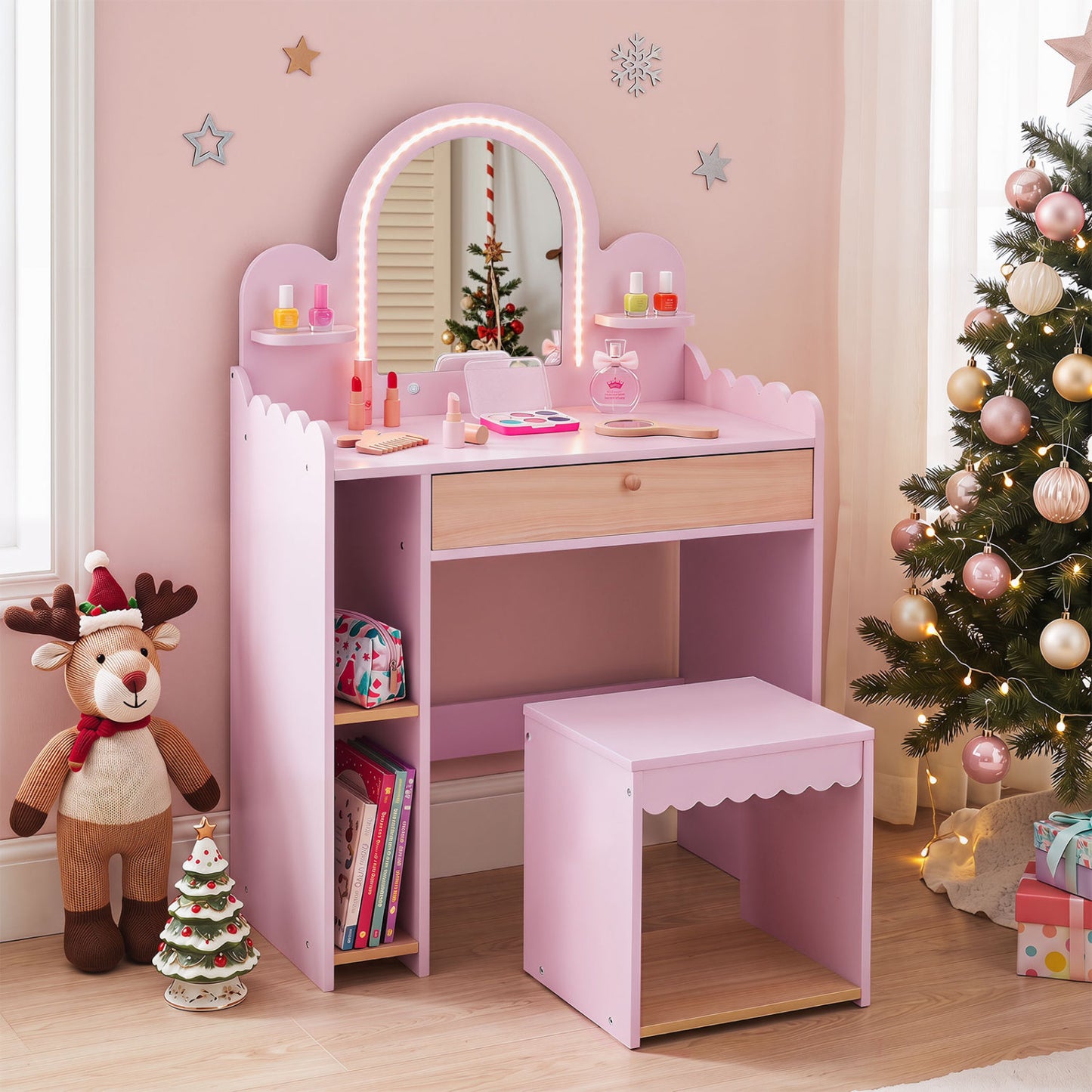 Kids Makeup Vanity Table Set with Stool and Mirror - Pink