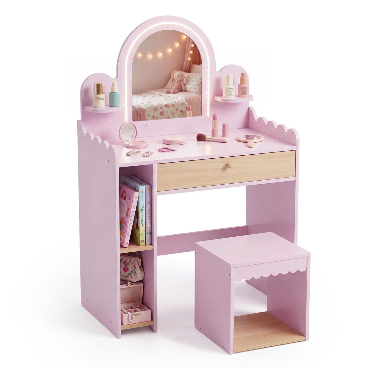 Kids Makeup Vanity Table Set with Stool and Mirror - Pink