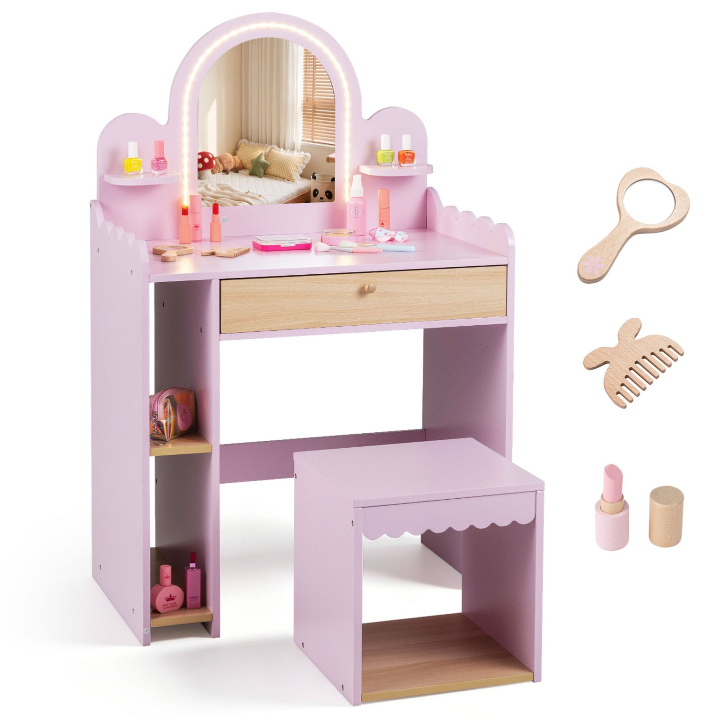 Kids Makeup Vanity Table Set with Stool and Mirror - Pink