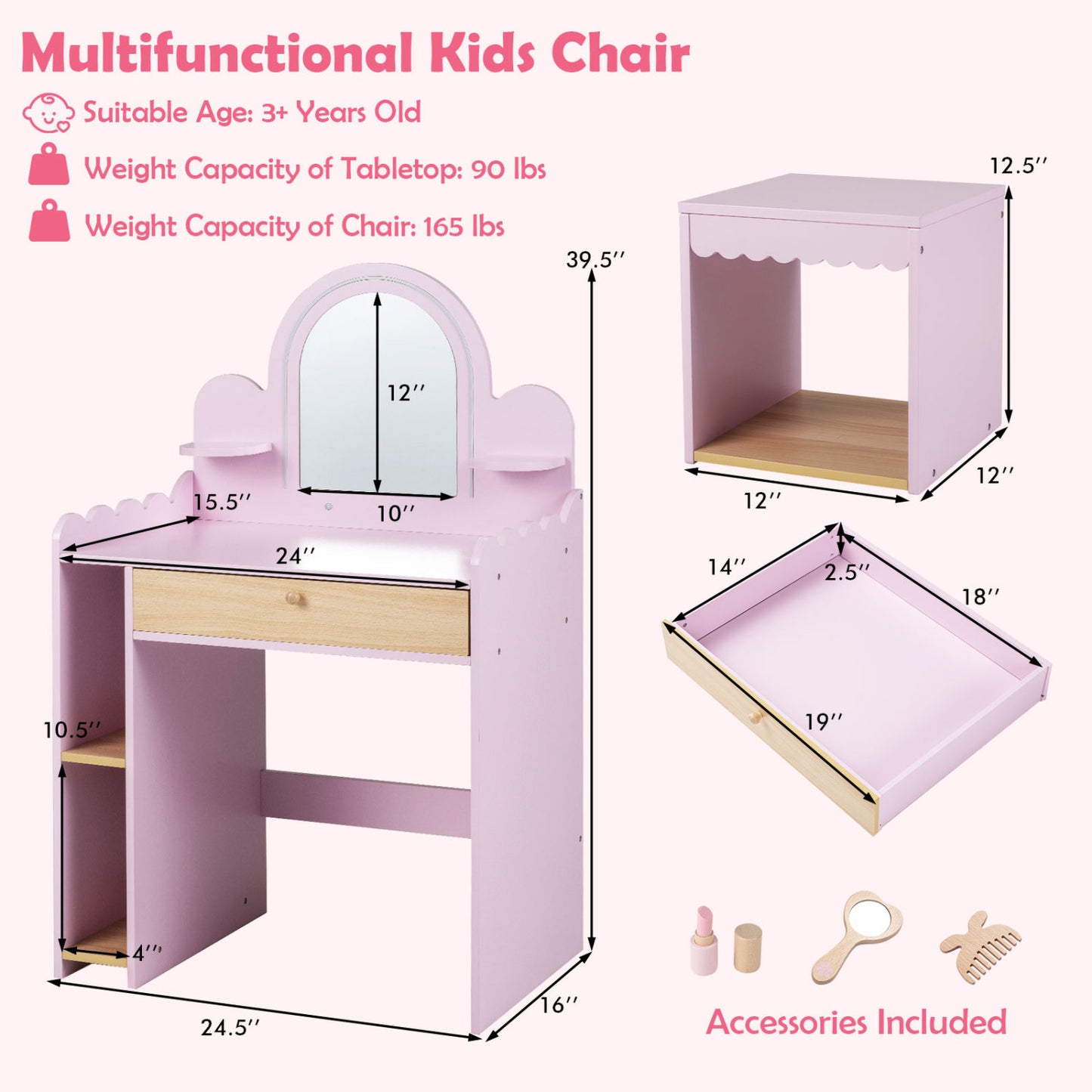 Kids Makeup Vanity Table Set with Stool and Mirror - Pink