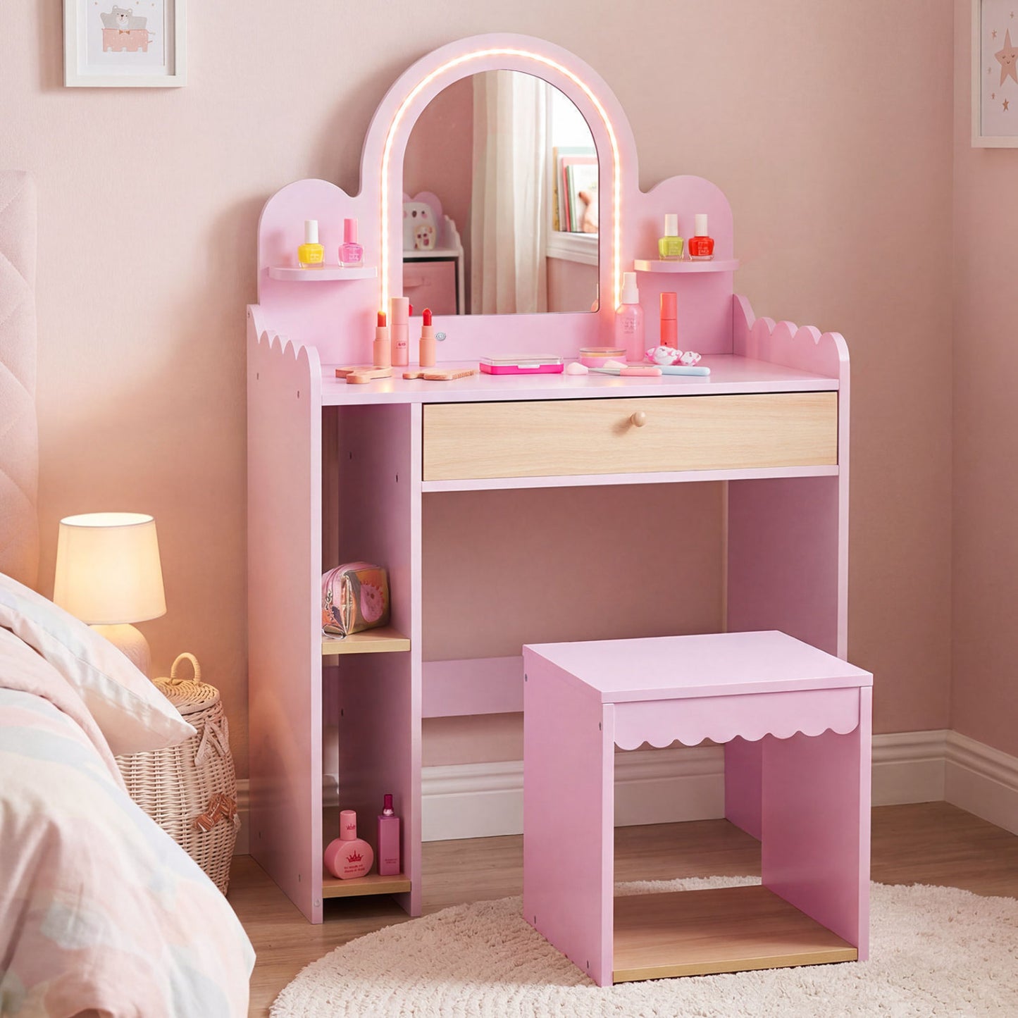 Kids Makeup Vanity Table Set with Stool and Mirror - Pink