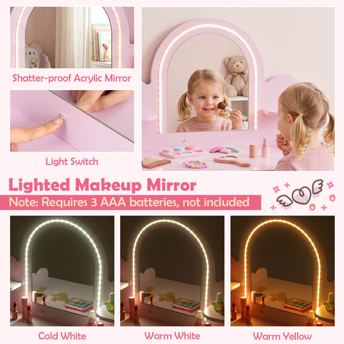 Kids Makeup Vanity Table Set with Stool and Mirror - Pink