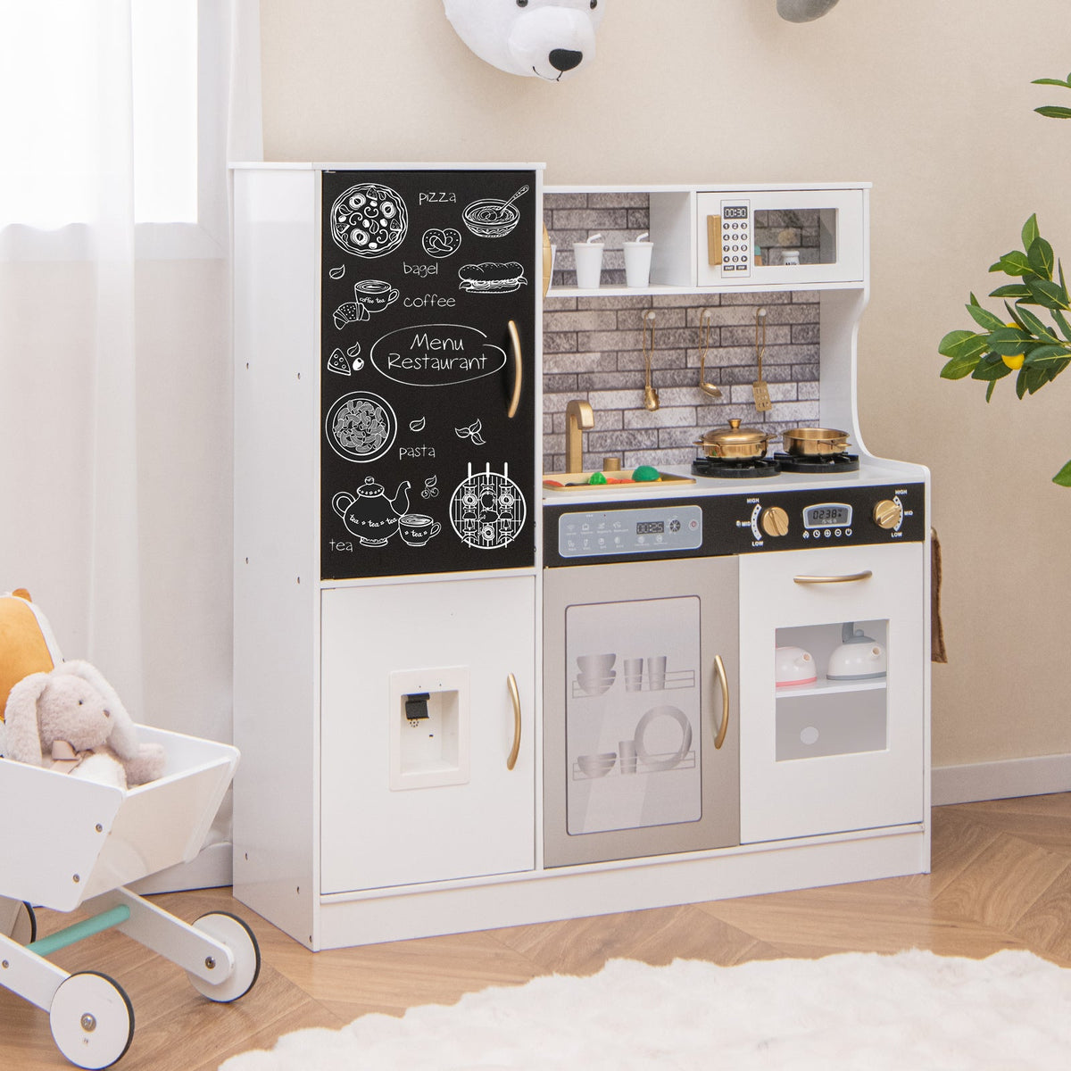 Pretend Play Kitchen with Utensils for Kids Aged 3+-White