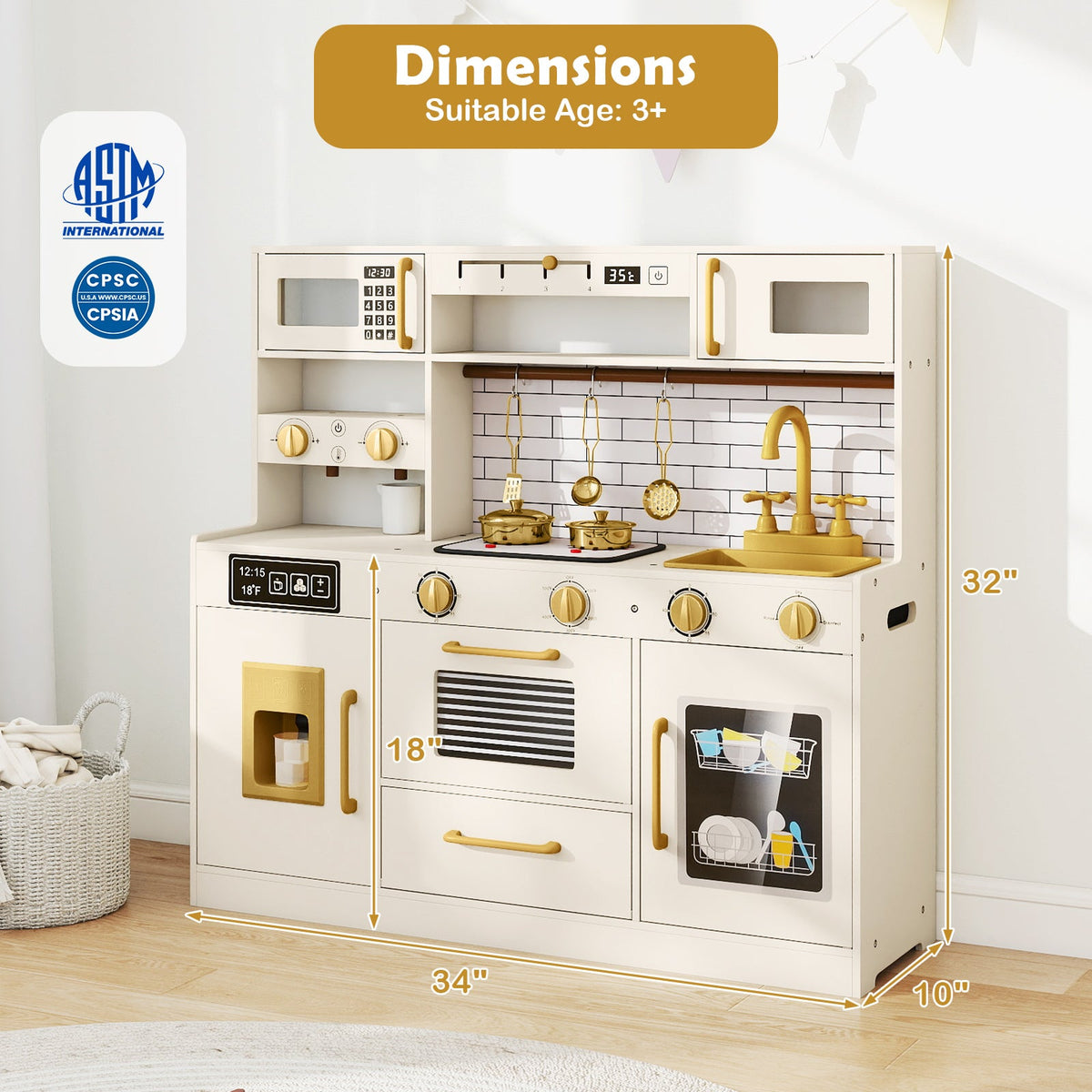 Pretend Toy Kitchen Set with Stoves and Water Dispenser-Beige