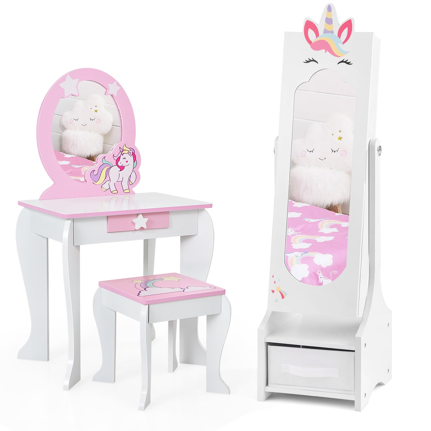 Kids Vanity Table Set with Mirror, Stool & Jewelry Cabinet