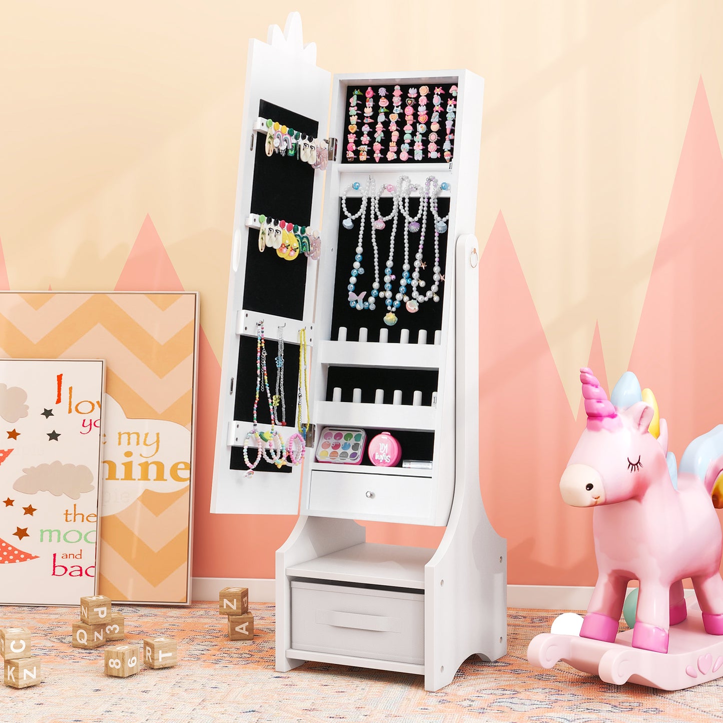 Kids Vanity Table Set with Mirror, Stool & Jewelry Cabinet