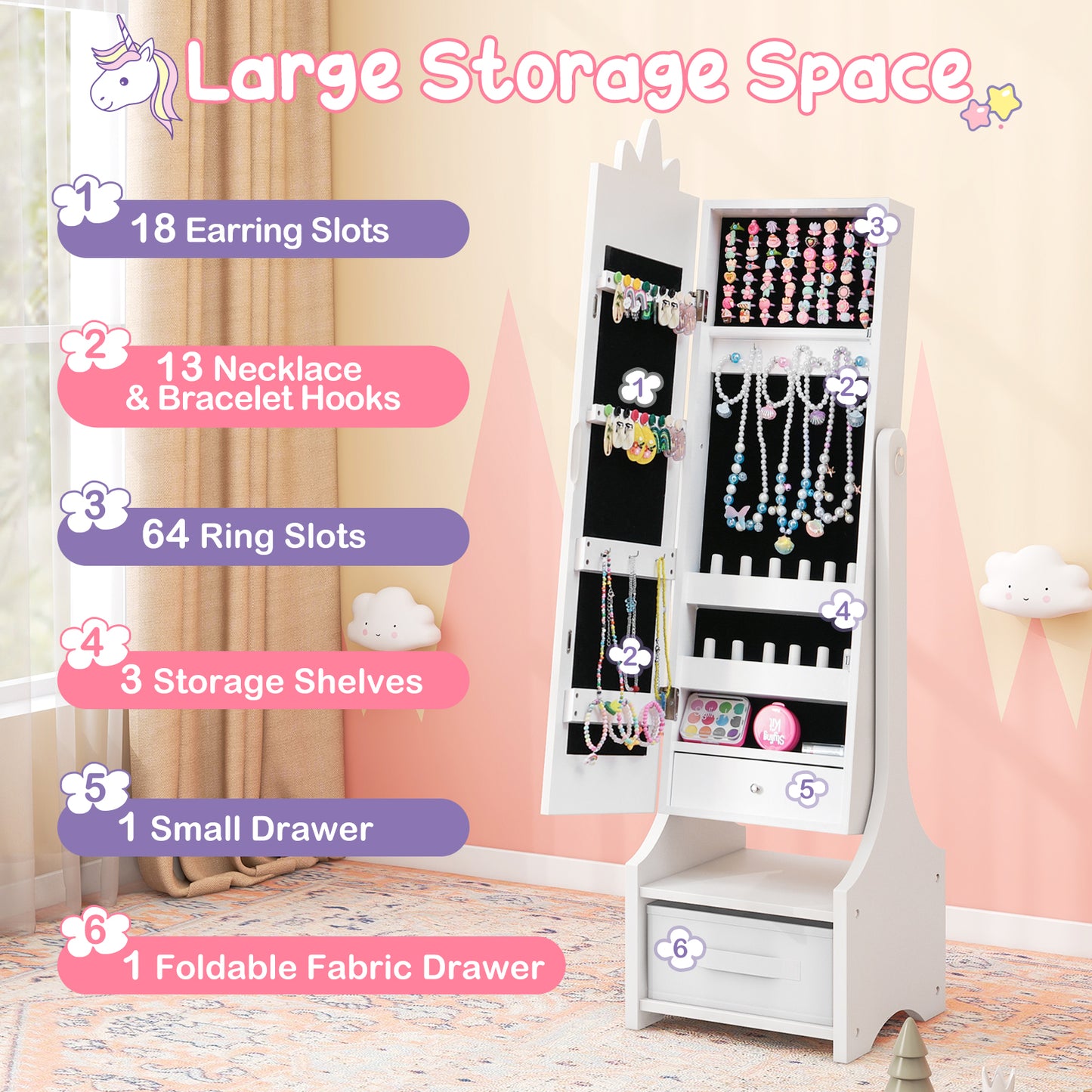 Kids Vanity Table Set with Mirror, Stool & Jewelry Cabinet