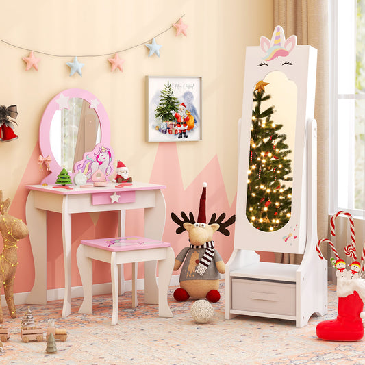 Kids Vanity Table Set with Mirror, Stool & Jewelry Cabinet