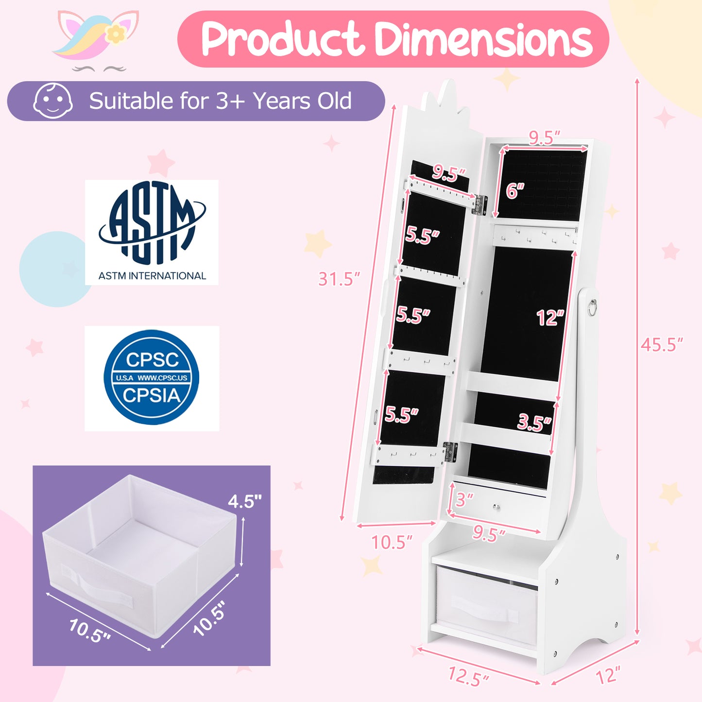 Kids Vanity Table Set with Mirror, Stool & Jewelry Cabinet