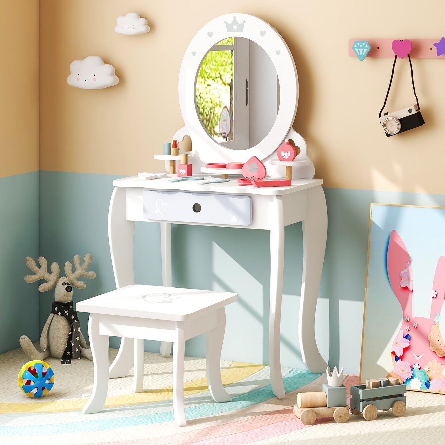 Kids 2-in-1 Princess Vanity Table and Chair Set with Mirror