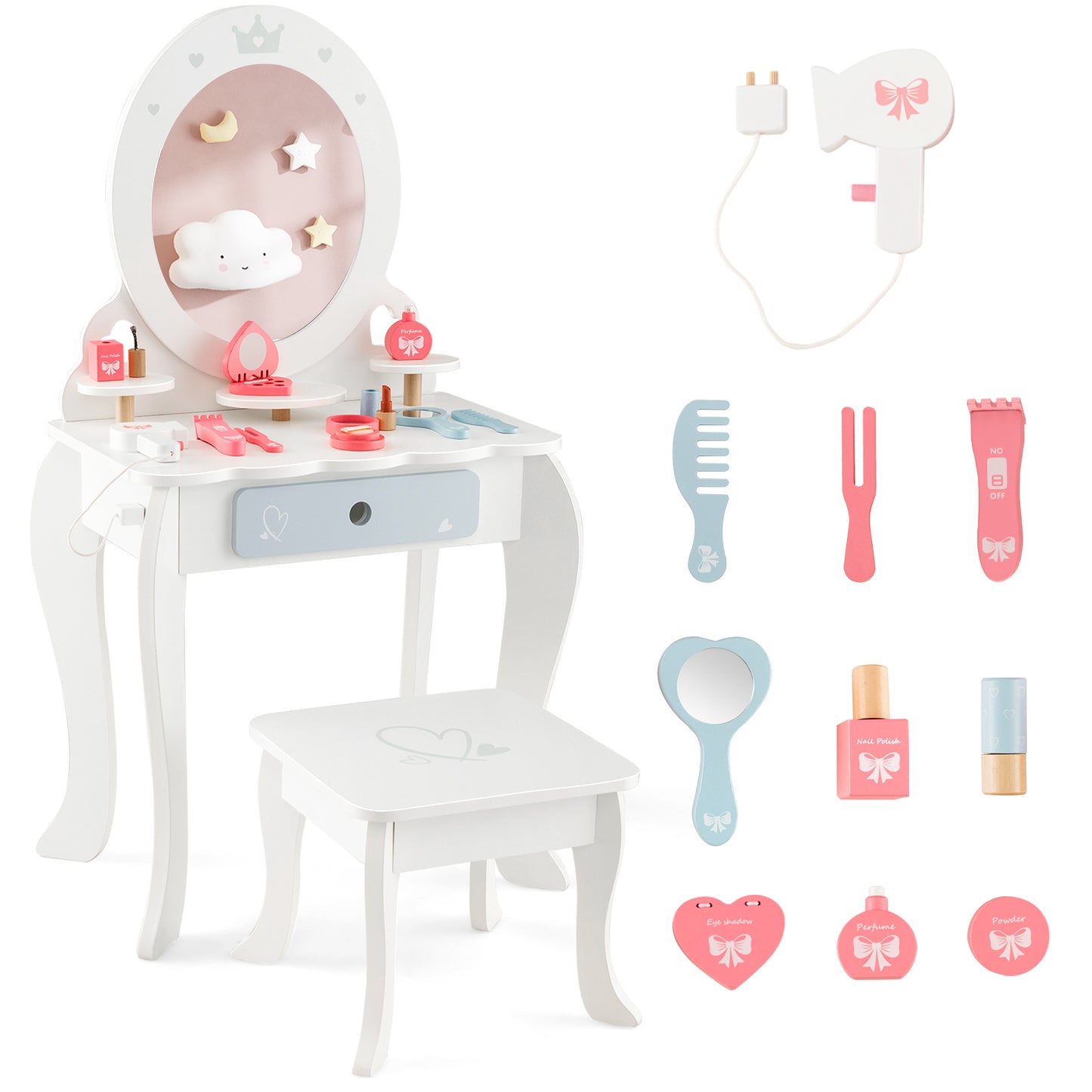 Kids 2-in-1 Princess Vanity Table and Chair Set with Mirror