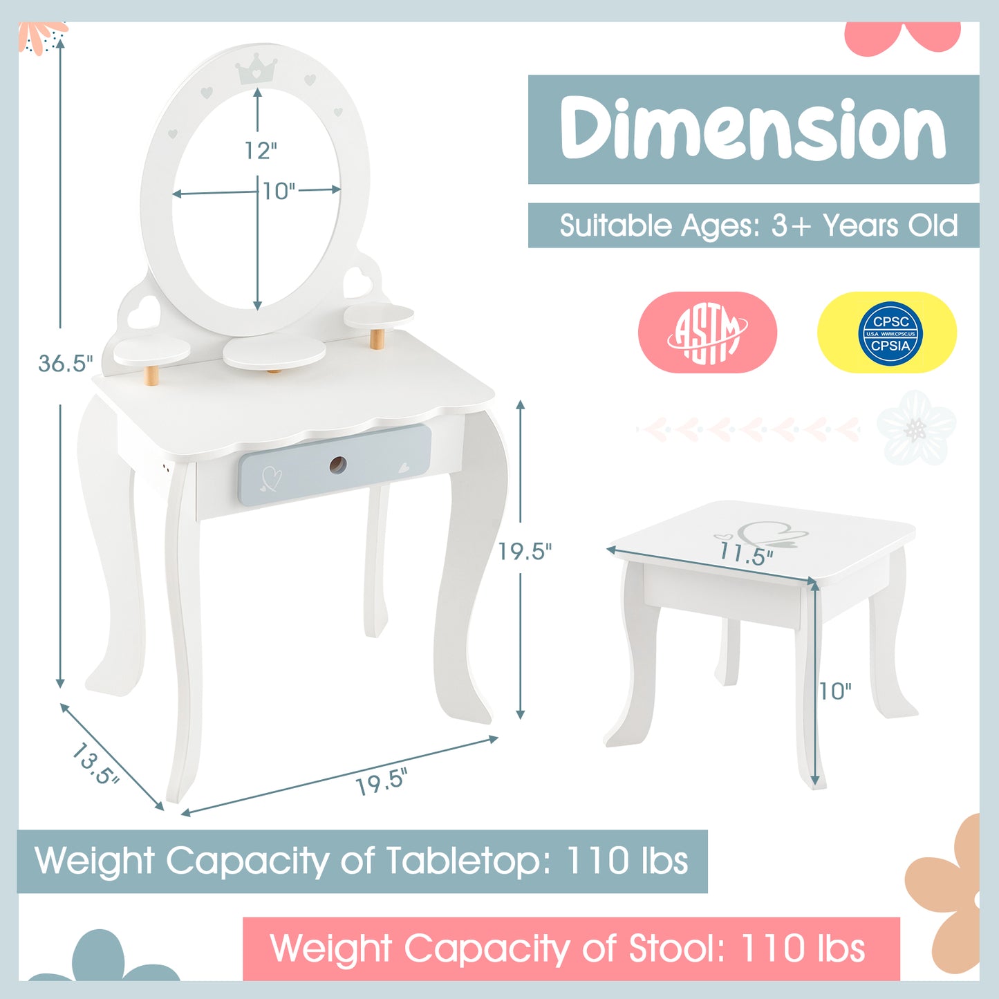 Kids 2-in-1 Princess Vanity Table and Chair Set with Mirror