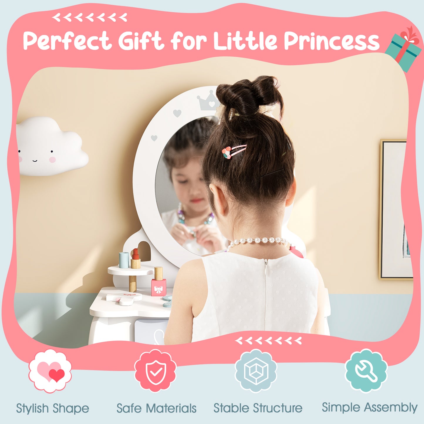 Kids 2-in-1 Princess Vanity Table and Chair Set with Mirror