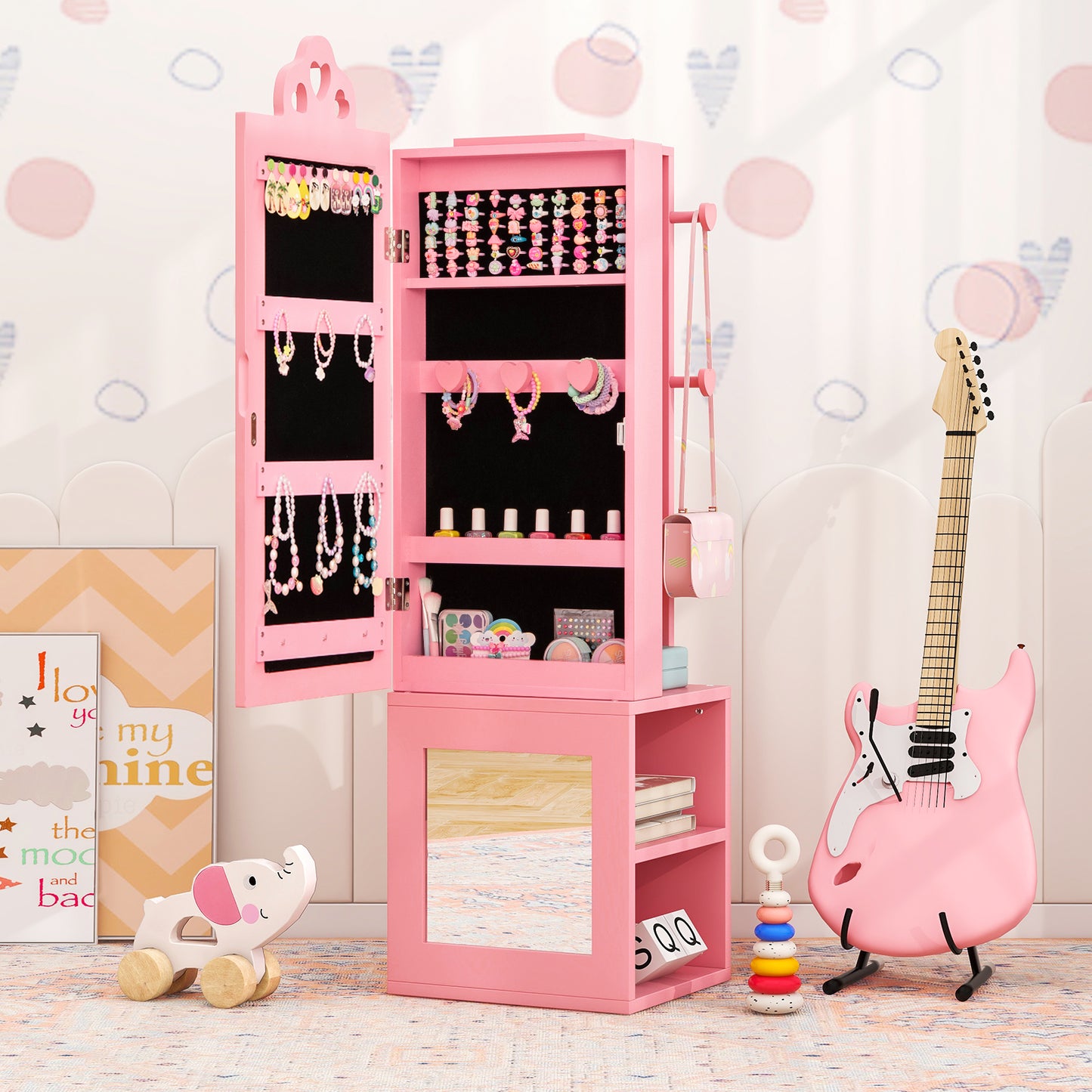 Kids Vanity Table & Stool Set with Full-Length Mirror