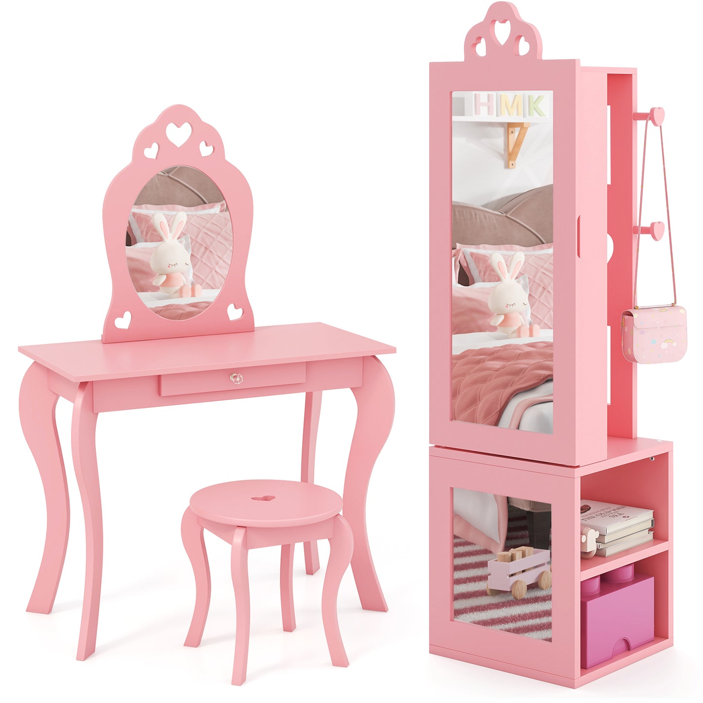 Kids Vanity Table & Stool Set with Full-Length Mirror