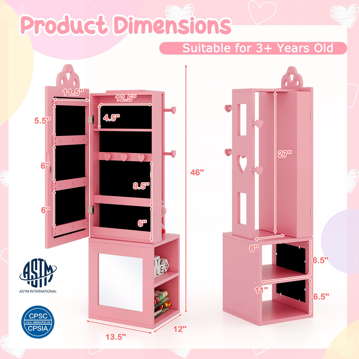 Kids Vanity Table & Stool Set with Full-Length Mirror