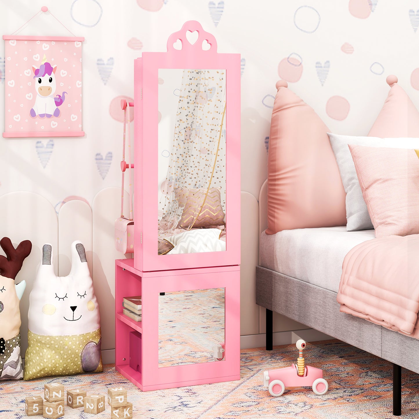 Kids Vanity Table & Stool Set with Full-Length Mirror