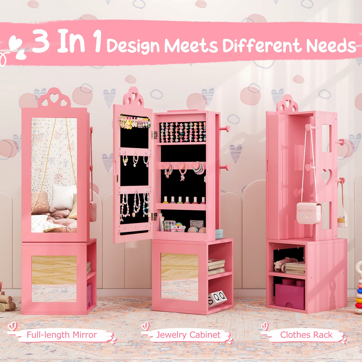 Kids Vanity Table & Stool Set with Full-Length Mirror
