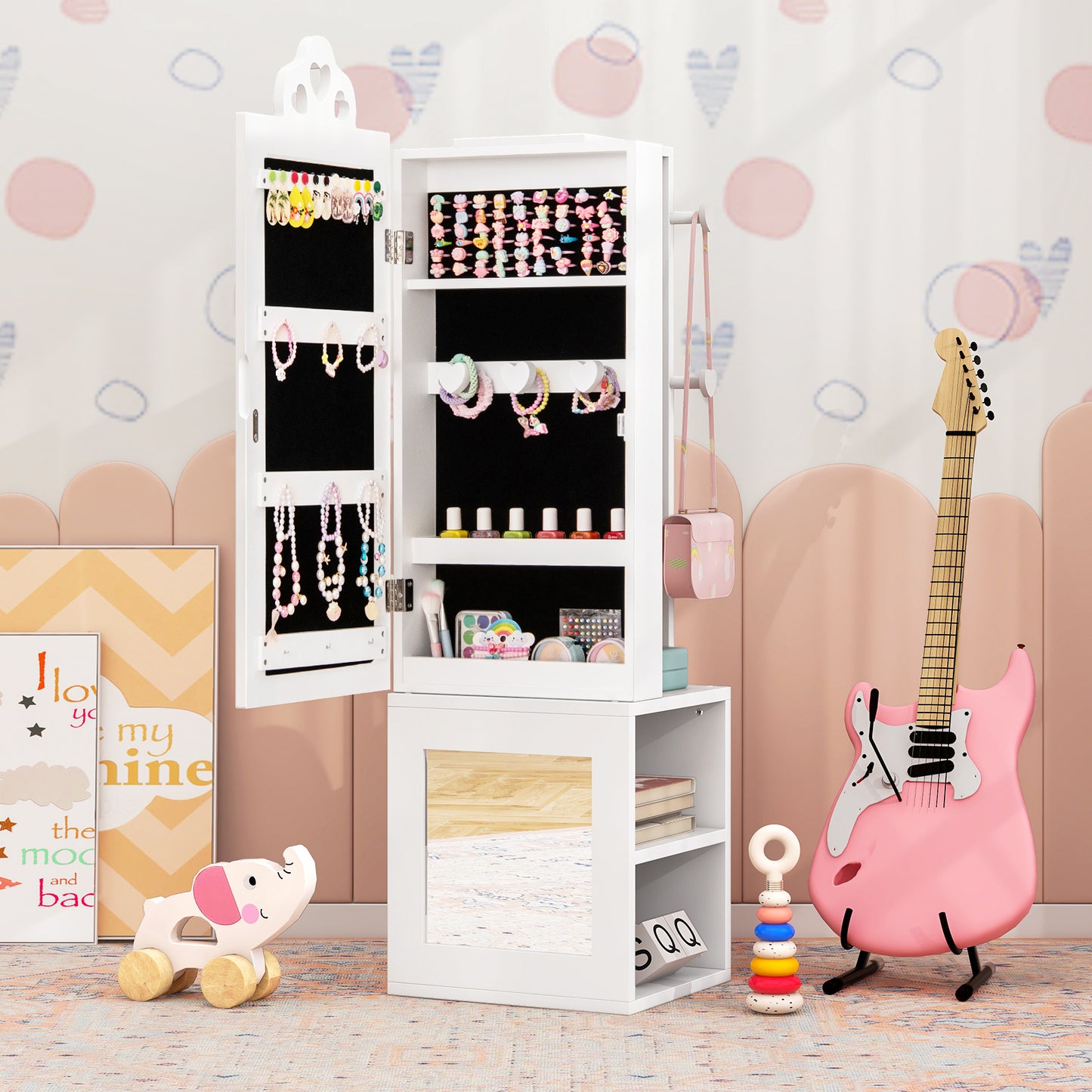 Kids Vanity Table & Stool Set with Full-Length Mirror