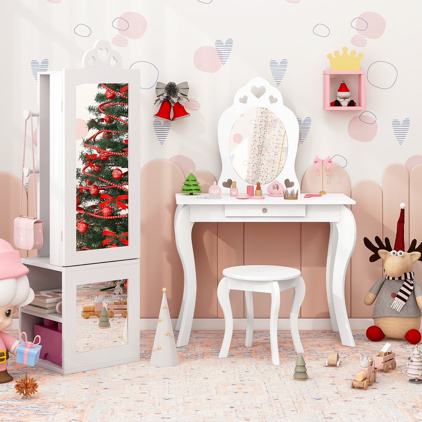Kids Vanity Table & Stool Set with Full-Length Mirror