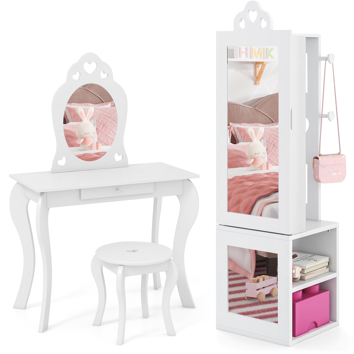 Kids Vanity Table & Stool Set with Full-Length Mirror