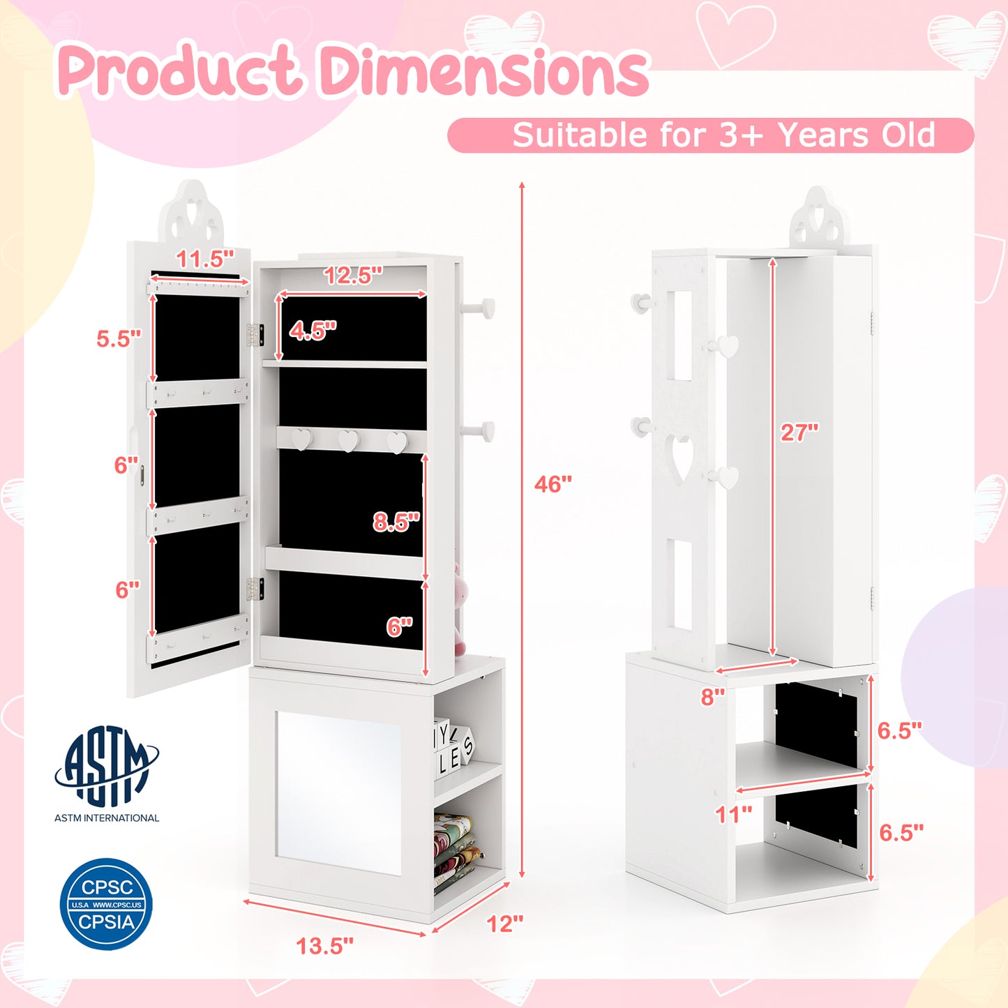 Kids Vanity Table & Stool Set with Full-Length Mirror