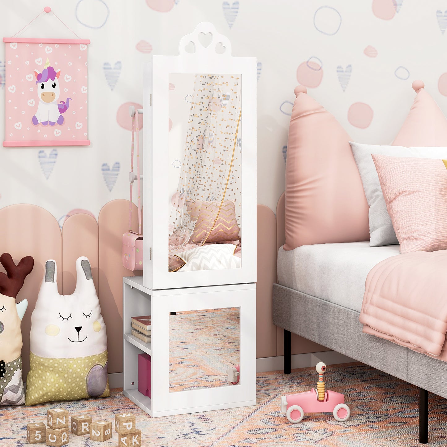 Kids Vanity Table & Stool Set with Full-Length Mirror