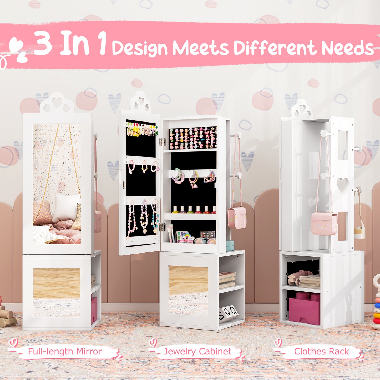 Kids Vanity Table & Stool Set with Full-Length Mirror