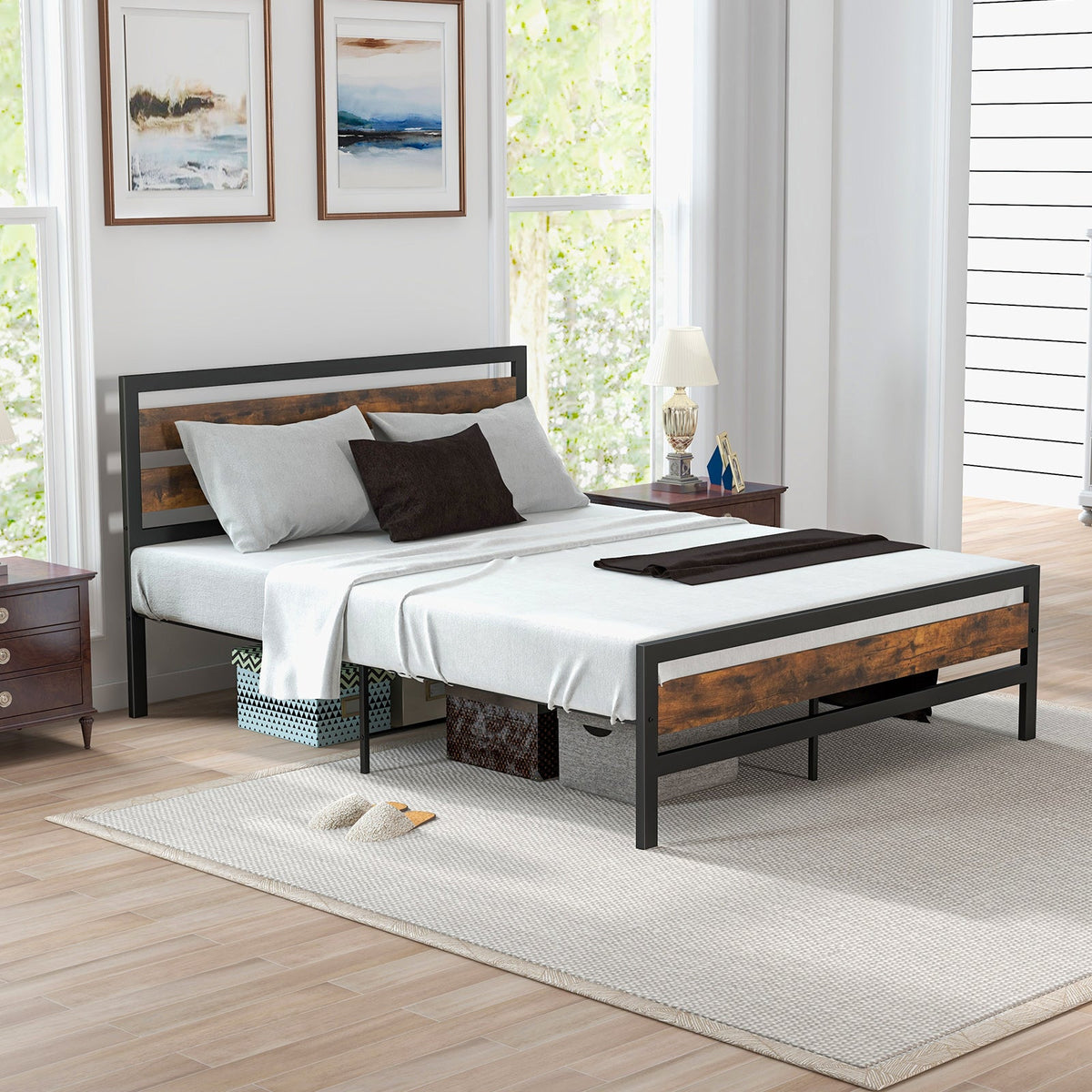 Full/Queen Industrial Bed Frame with Rustic Headboard and Footboard-Queen Size