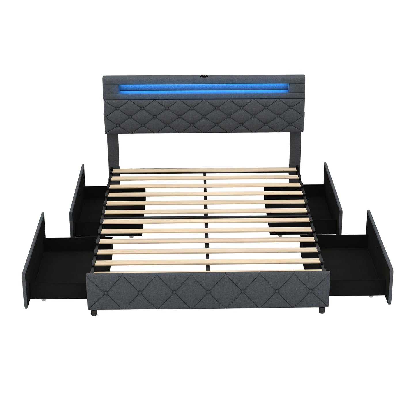 Full/Queen Size Bed Frame with Adjustable Storage Headboard and Wooden Slat Support