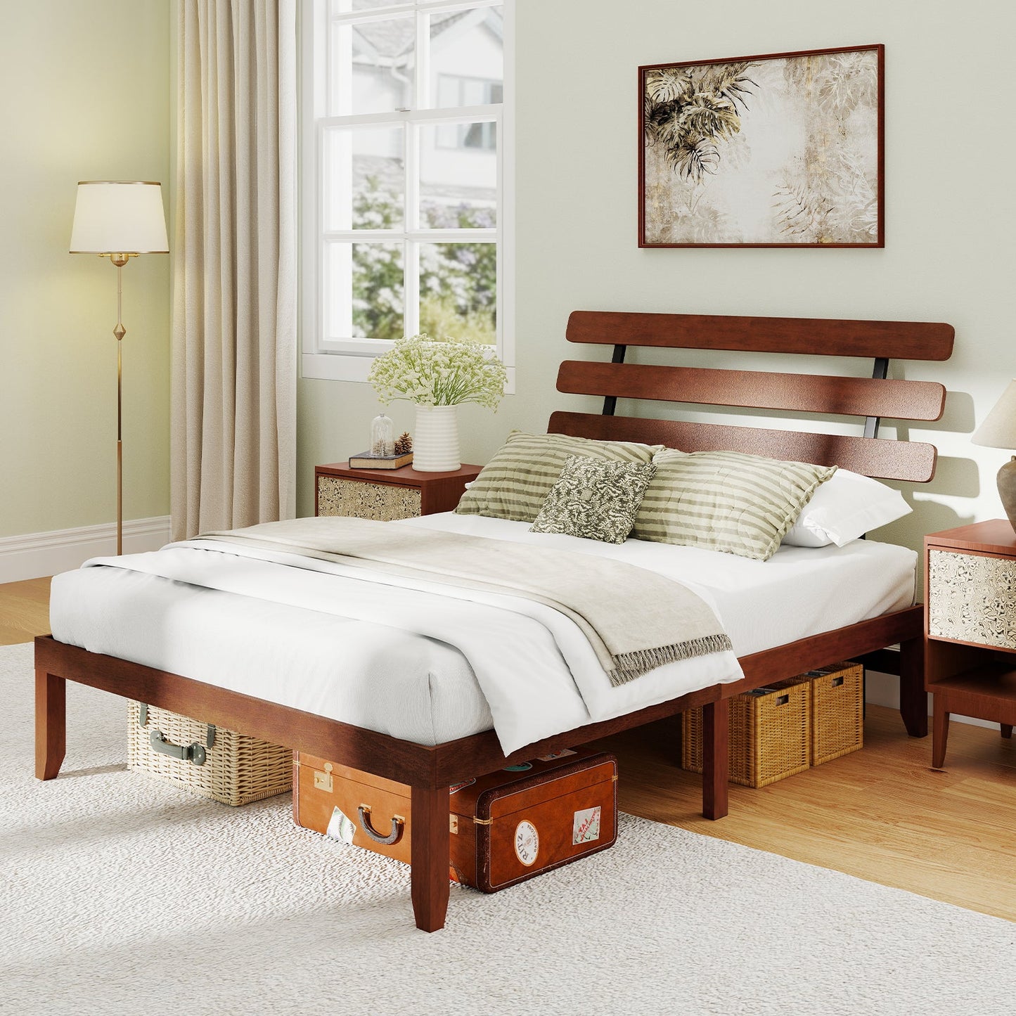 Full Size Bed Frame 15.5 Inch Solid Wood Platform Bed with Retro Headboard