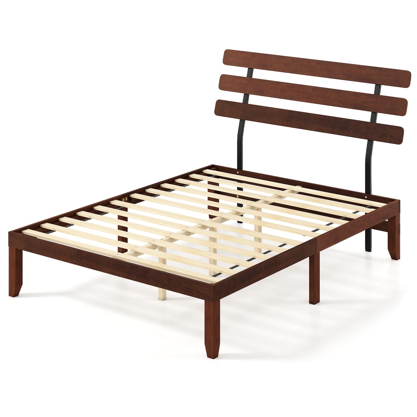 Full Size Bed Frame 15.5 Inch Solid Wood Platform Bed with Retro Headboard