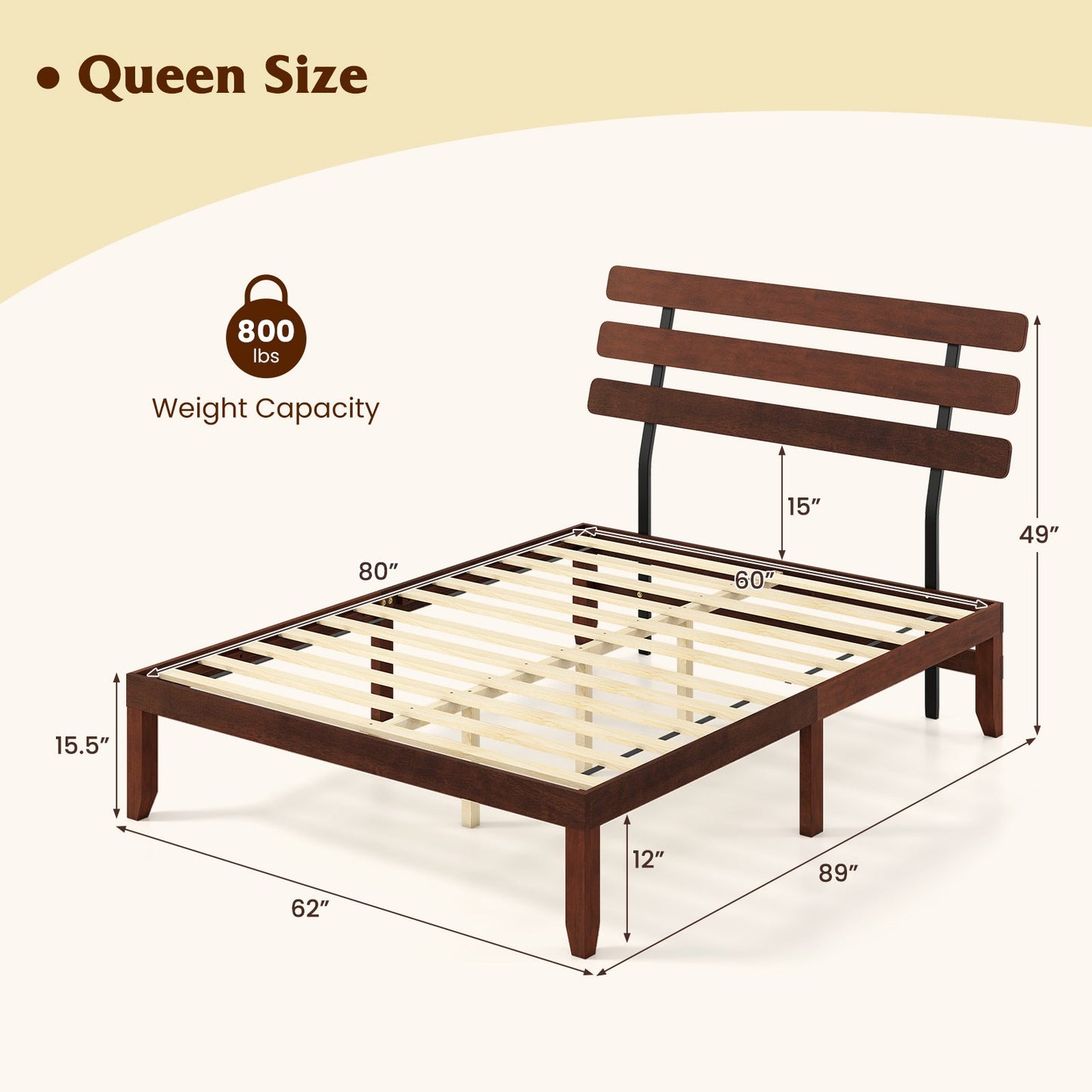Full Size Bed Frame 15.5 Inch Solid Wood Platform Bed with Retro Headboard