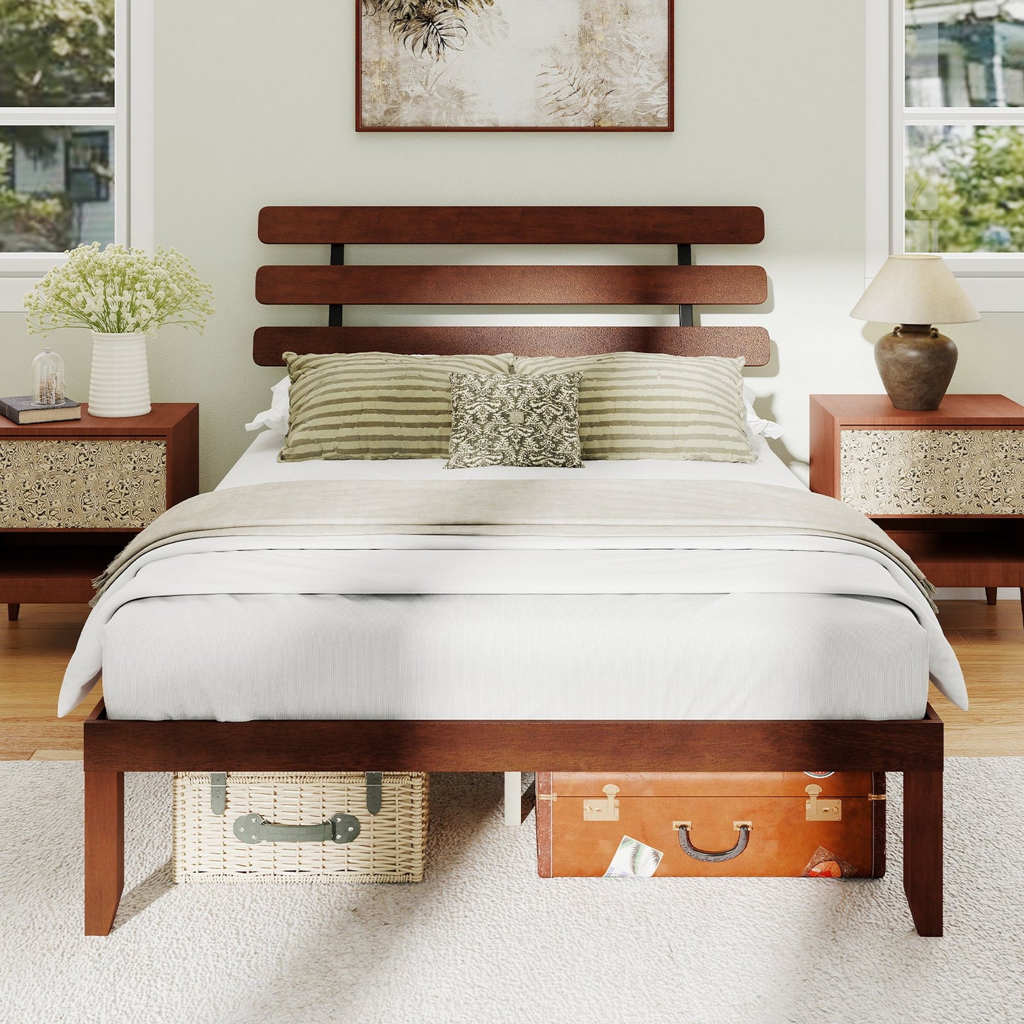 Full Size Bed Frame 15.5 Inch Solid Wood Platform Bed with Retro Headboard
