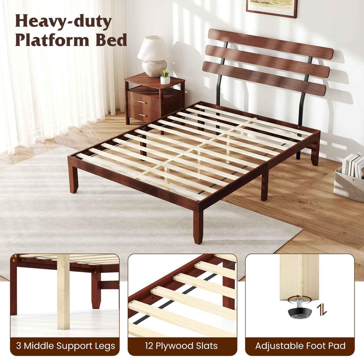 Full Size Bed Frame 15.5 Inch Solid Wood Platform Bed with Retro Headboard