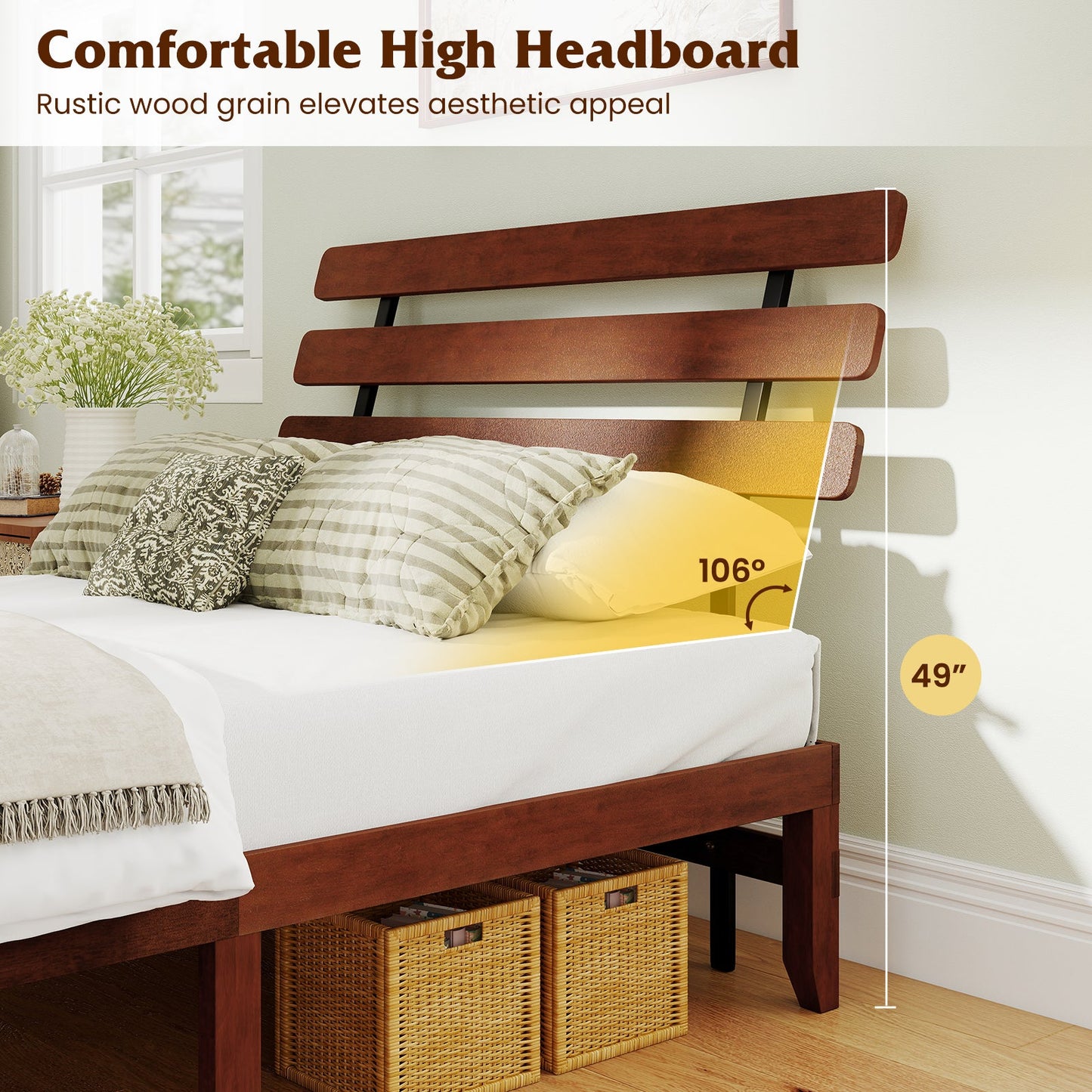 Full Size Bed Frame 15.5 Inch Solid Wood Platform Bed with Retro Headboard