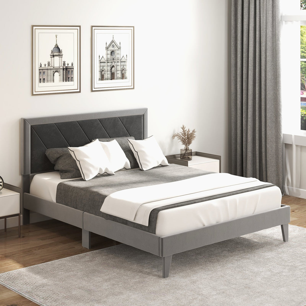 Twin/Full/Queen Platform Bed with High Headboard and Wooden Slats