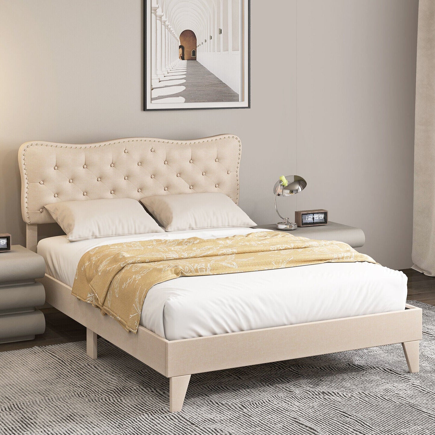 Full Size Bed Frame with Nail Headboard and Wooden Slats