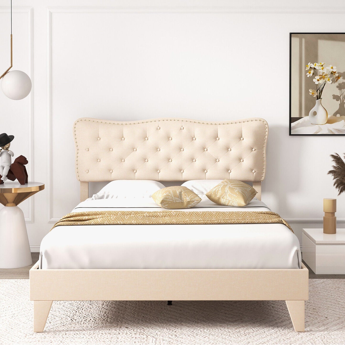 Full Size Bed Frame with Nail Headboard and Wooden Slats